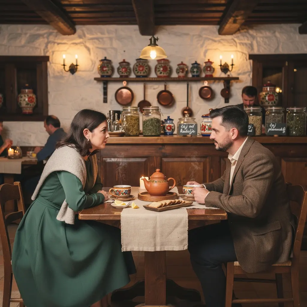 Čajna šalice s prirodnim uzorcima okružene svježim biljem.